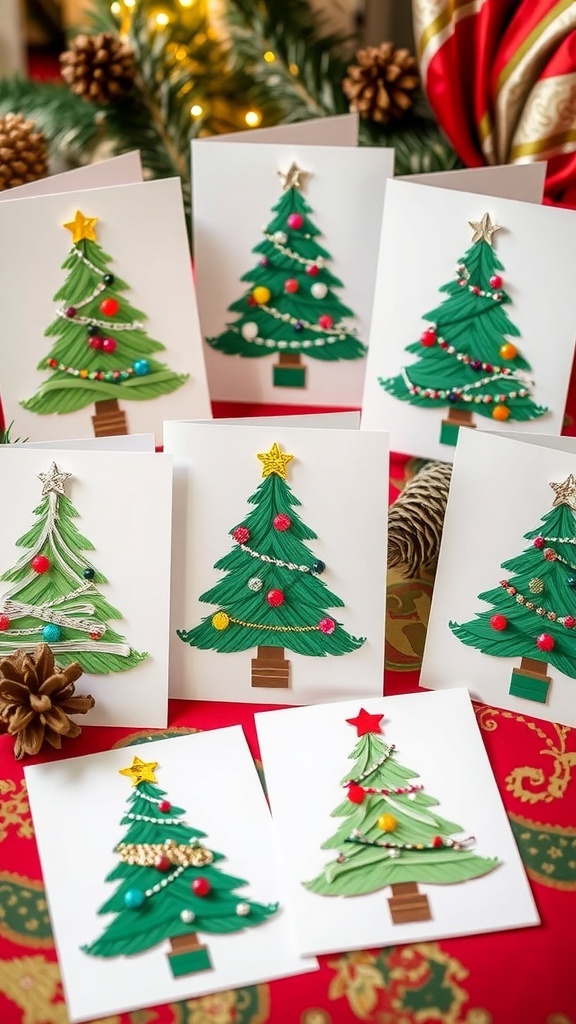 Handmade Christmas tree cards with colorful decorations on a festive table.